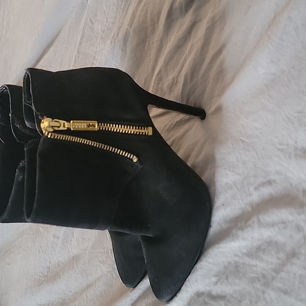 Black Suede Ankle Boots with Gold Zipper